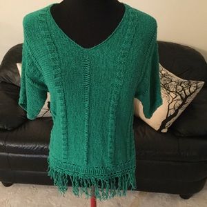 Chico’s Green Ribbon Sweater w/Ribbon Fringe